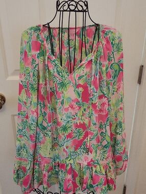 Lilly Pulitzer Pink Green Tropical Print Tie-Neck Top